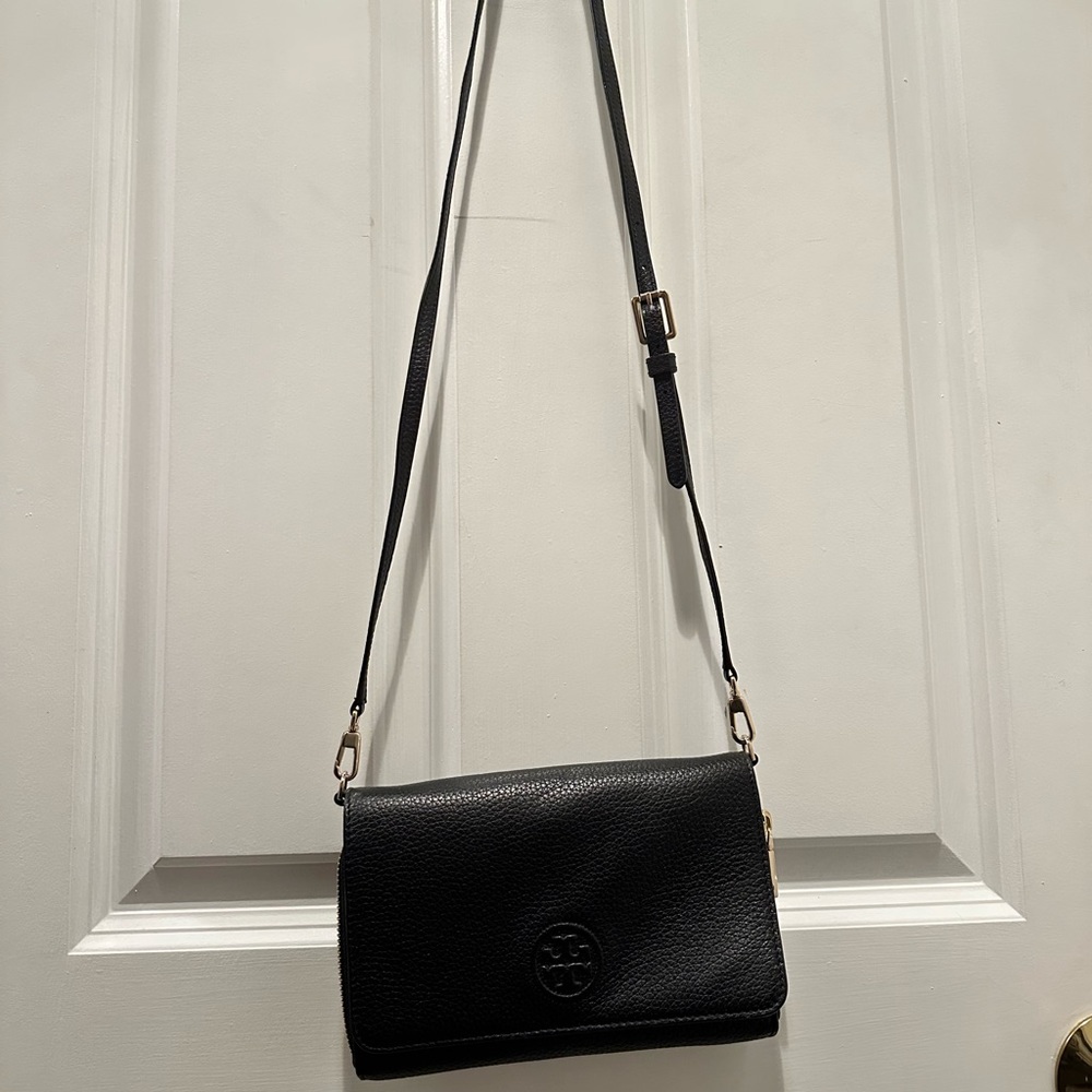 Tory Burch black leather crossbody bag.
